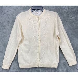 Cecile‎ Cardigan Sweater Size 38 Ivory Wool Blend Embroidered Pearl Buttons